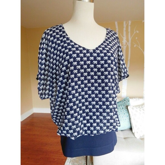Darling Cabi# 5345 "Parade Blouse" Elephant Print Navy/White Overlay Top SZ S - Picture 3 of 9